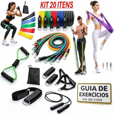 Kit 20 Itens Treino em Casa: Elásticos Extensor + Mini Band + Thera Band + Cor