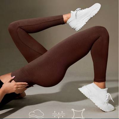 Calça Legging Canelada de Cintura Alta Sem Costura para Academia Feminina, Elá