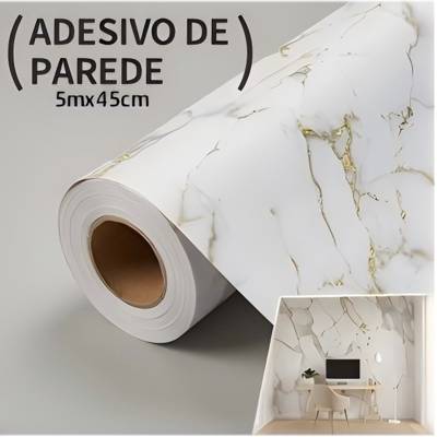 Papel de Parede Adesivo Mármore Branco com Detalhes Dourados 5m x 45cm Lavável