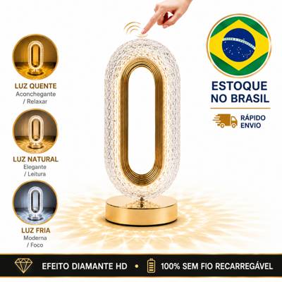 Abajur De Mesa Cristal LED Luminaria Cabeceira Touch Sem Fio Recarregavel USB 