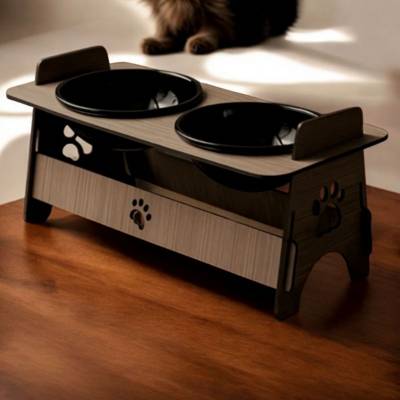 Comedouro Elevado em MDF para Cachorro e Gato – Design com Patinhas