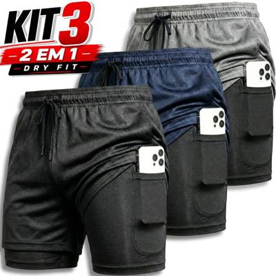 Kit 3 Shorts 2 em 1 Dryfit Masculino Academia Corrida Treino Bermuda comprime 