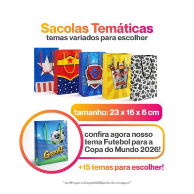 Kit c/ 10 Sacolas Surpresa de Papel Temática 23x16x6cm (Circo, Boteco, Futebol