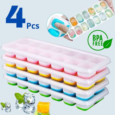 Kit 4/2 Formas de Gelo Silicone Com Tampa Rígida Flexível Fundo Retangular  Mu
