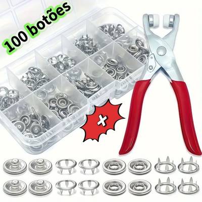 Alicate Aplicador com 100 Botões de Pressão de Metal, Kit Completo para Roupas
