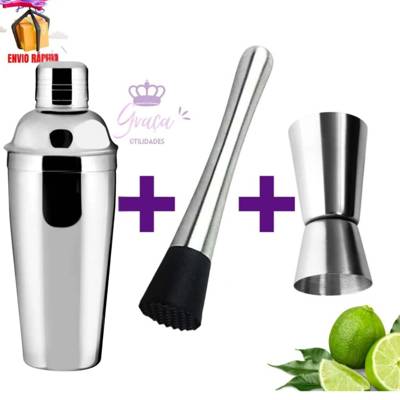 Kit Coqueteleira De Inox Com Socador E Dosador Duplo 25 e 50 Ml Para Bebidas D