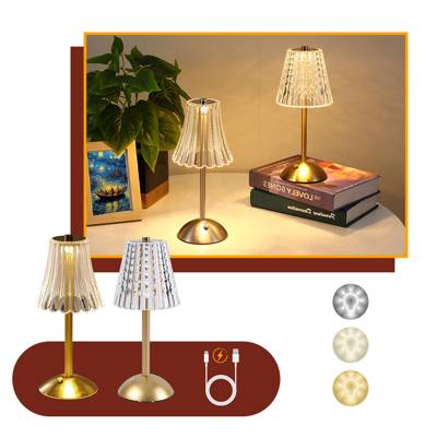 Luminária de Mesa 3 Tons Abajur Cristal Candeeiro Cabeceira LED Recarregável D