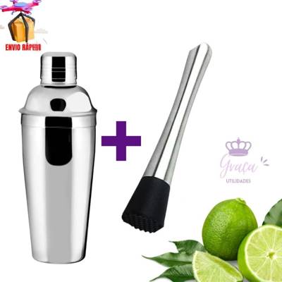 Kit Coqueteleira De Inox Com Socador Para Bebidas Drink Caipirinha Bar Restaur