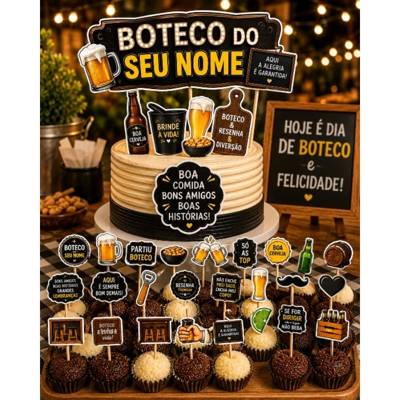 Kit Festa Boteco Personalizado – 1 Topo de Bolo + 35 Toppers para Docinhos | T