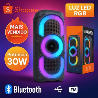 Caixa de Som Karaokê Bluetooth 50W Portátil LED RGB USB TWS Entrada P/ Microfo