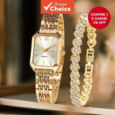 2 Pçs Feminino Retângulo Relógio De Quartzo Pulseira Conjunto Strass Moda Jóia
