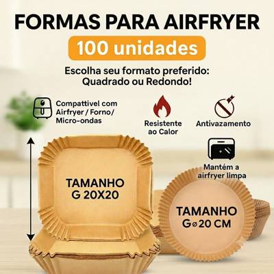 Kit 100 Formas Descartáveis para Airfryer Quadrada ou Redonda Forro Papel Anti