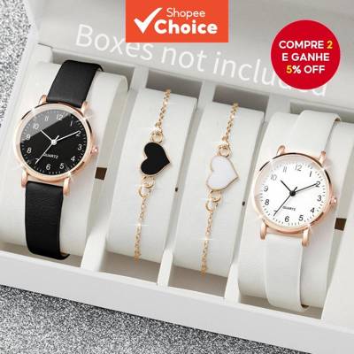 4PCS/Conjuntos Relógio de Quartzo Feminino com Mostrador Árabe e Pulseira de C