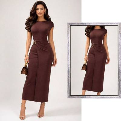 Vestido Midi Manga Transpassado com Fivela Tendência Premium