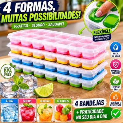 Formas De Gelo Fundo Silicone 14 Cubos Tampa Rígida Multicolor Congelar Papinh