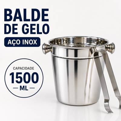Balde para Gelo Inox 1500ml com Pegador Aço Inoxidável Pequeno Mesa Bar Bebida