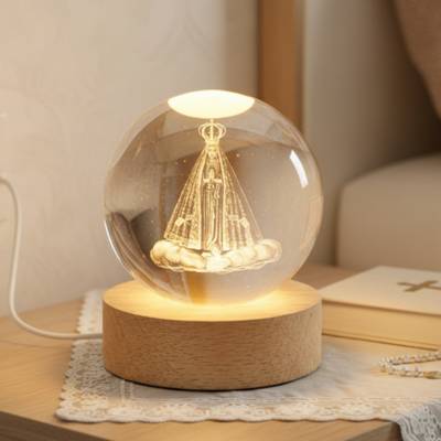 Luminária Religiosa Nossa Senhora Aparecida Cristal Bola 3D LED Abajur De Mesa
